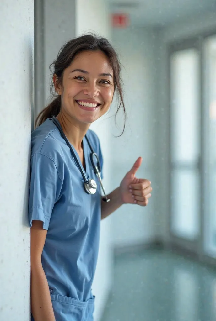 realistic photo of a smiling nurse peeking out of the edge of a wall while pointing his thumb to the side