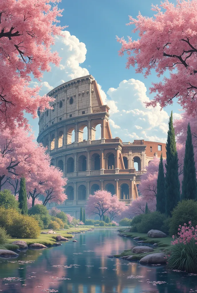 Create an anime image with the application of Makoto Shinkai's style (5 centimeters per second)that represents the Colosseum in spring 