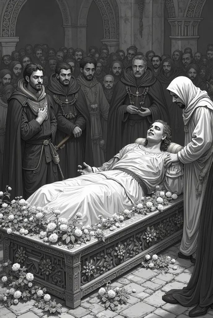 you can make a black and white illustration for Hamlet, The scene of the King's death in the picture Hamlet in the shadows, the king lies in his coffin, flowers around, gothic style picture, The Queen cries at the coffin her head is covered in a handkerchi...