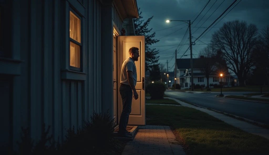 Locked Out at Midnight – A man standing outside his own house at midnight, struggling with a locked front door. He looks confused and alarmed. The street is eerily quiet, and a single house in the distance still has lights on.