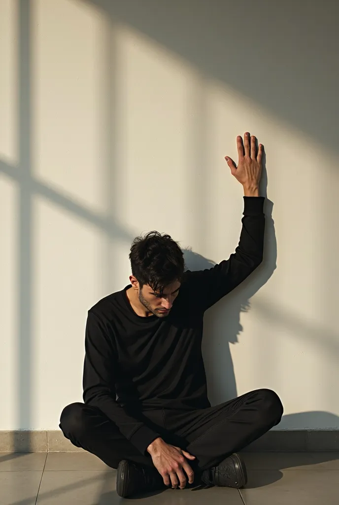 The same character is sitting in front of the wall with his head down but with one hand raised to the wall as if he were struggling to find a way out, create shadow lines that divide the photo into two parts, symbolizing the internal struggle between failu...