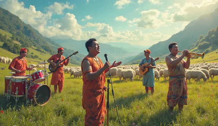 On the hill, there's a guy in Thai clothes holding a mic singing, someone drumming, someone playing the guitar, someone blowing the trumpet, there's a big flock of sheep in the back.