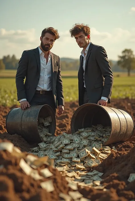 Create image of two 30-year-old boys in suits, Burying some big drums full of money,  in the middle of the farm, some open drums pouring out money, one of the slightly shorter and bearded boys, the two with short and frizzy hair