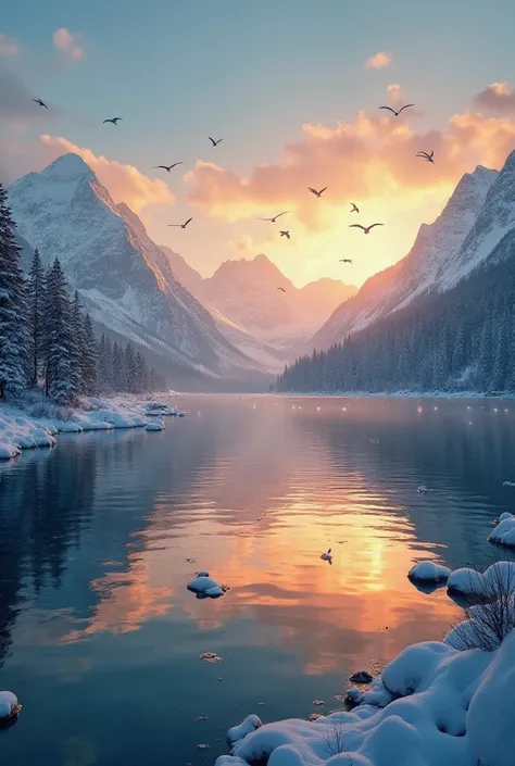 a beautiful natural scene of sunset over snow-covered mountains, with golden reflections on a clear lake. showing birds flying in the blue sky, then the scene moves smoothly to a modern city at night, where bright lights and fast movement of cars. in the b...