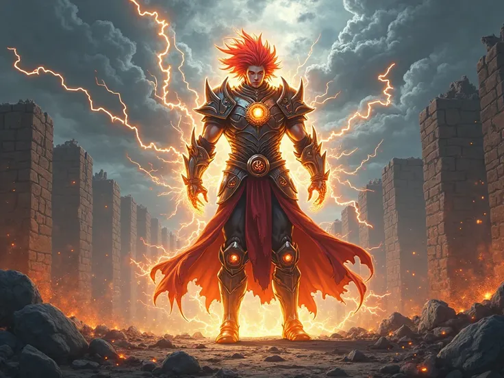  Warrior red-haired lightning power realistic medieval anime style