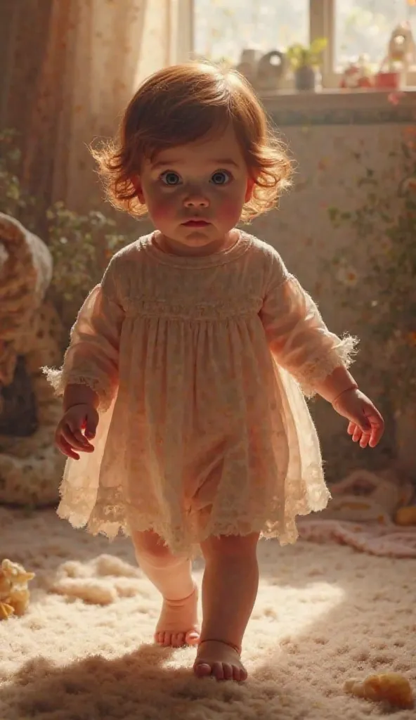 Create a realistic version of the Scarlet Witch baby version walking towards the camera 