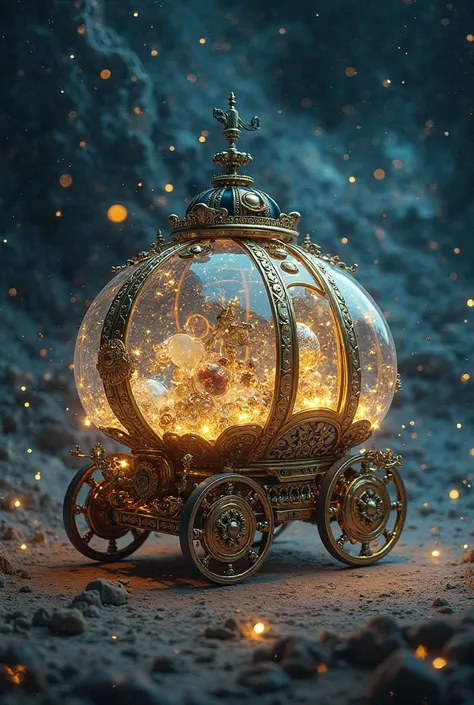 A steampunk caravan made of glass and crystal, pulled by an ornate carriage with intricate gears and brass accents, traveling through the vast expanse of space. The wagon is filled with glowing celestial objects, creating an ethereal atmosphere. Surroundin...