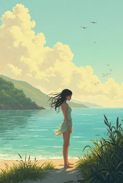 A photo of a person (young female) standing on the shore of the island, looking out at the sea