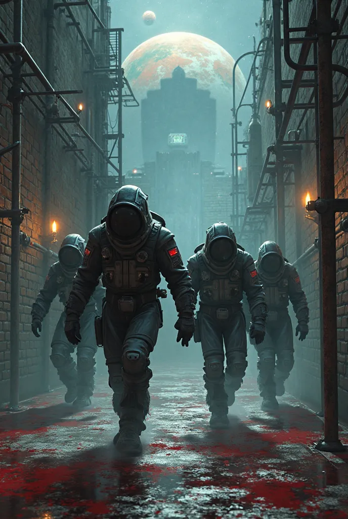 Characters from the game Among Us dressed as thieves, trying to escape from prison, planets in the sky, Blood smeared on the floor, Police officer in the back 