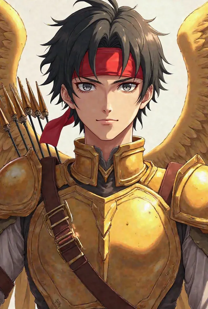 24 year old mature man, tez blanca, grey-eyed, serious expression,  short black hair, dressed in golden armor of the Sagittarius sign with golden wings. holding a bow and arrow, You have a wide red ribbon tied on your forehead that shows the ribbon in fron...