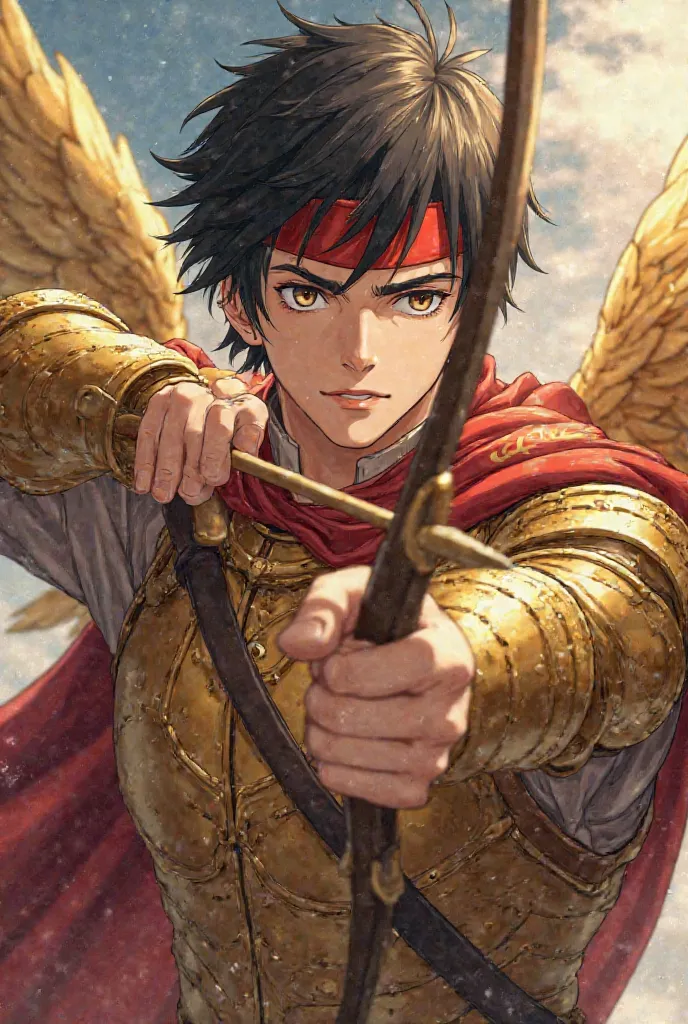 24 year old mature man, tez blanca, grey-eyed, serious expression,  short black hair, dressed in golden armor of the Sagittarius sign with golden wings. holding a bow and arrow, You have a wide red ribbon tied on your forehead that shows the ribbon in fron...