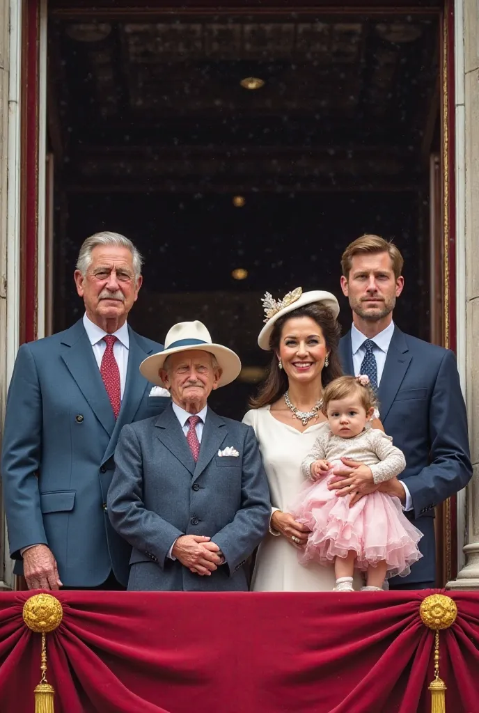 It creates a realistic image of a king in his 80s dressed in a suit and with a tie next to his wife, the queen, who wears a blue outfit with a matching hat.. On the right is the prince, about 26 years old, also wearing a suit and tie. Just in front of him,...