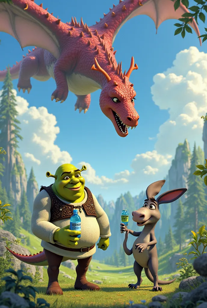 Create a color picture of the cartoon characters Shrek : a donkey holds a bottle with the inscription Brave Water, and a dragon with pink lips is flying above him and saying Don't Dragon Me.