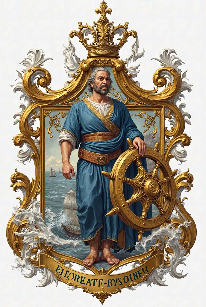 Coat of arms of a city with a drawing of a man holding one of his hands and taking a golden boat wheel with his other hand