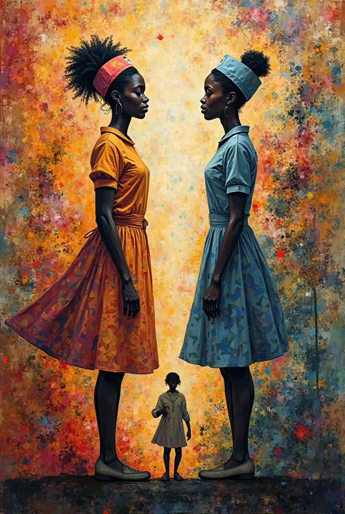 Here’s a rewritten version, focusing entirely on Abstract Symbolism:

In this abstract symbolic artwork, the two nurses—one from Africa and one from America—are depicted not in traditional realistic forms, but as expressive, symbolic figures, conveying the...