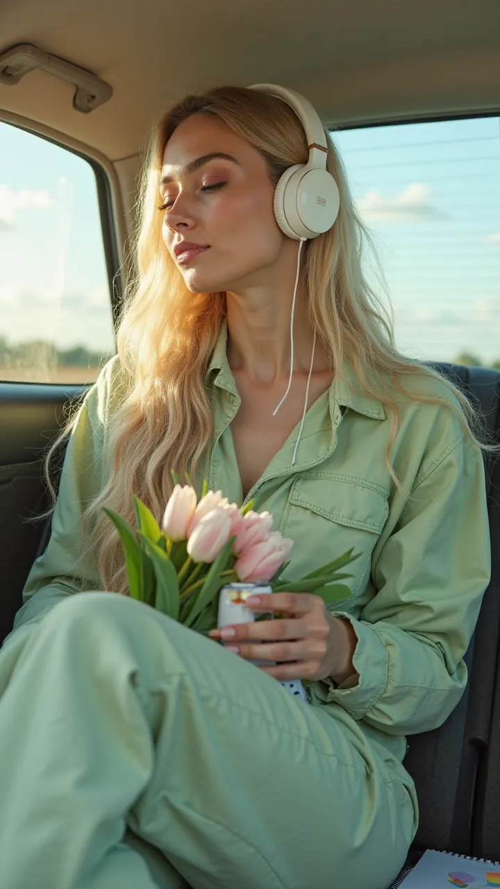 Beautiful woman, white skin , Long blonde hair, beautiful makeup, smiling dressed With eyes closed, in an oversized light green jumpsuit, sitting in the back seat of a car. and white headphones. She is holding a bouquet of tulips and a small notepad. He al...