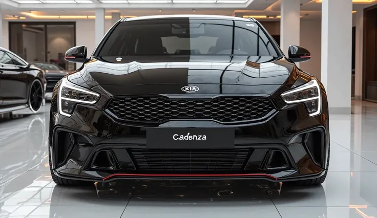 create an ultra-detailed 3D render  (close front view )of a modern(2025 Kia cadenza)with a bold designy  looking long like limousine captured from (close front view) The car should feature a 'Gleamy oily (Vik Black)' color and black accents with a kia) log...