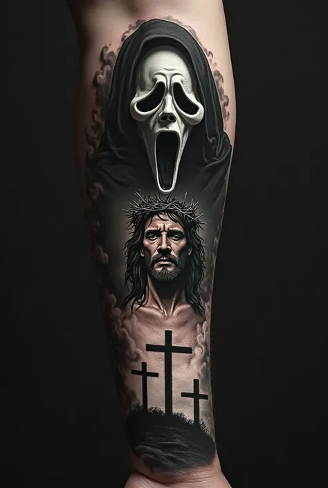 1.	Shoulder and upper arm:
	• The Ghostface mask (scream) with intense shadows and an effect of fog or smoke that envelops it for a darker air.
	2.	 Middle part of the arm  (biceps and forearm):
	• An image of Christ, can be with the crown of thorns and an...