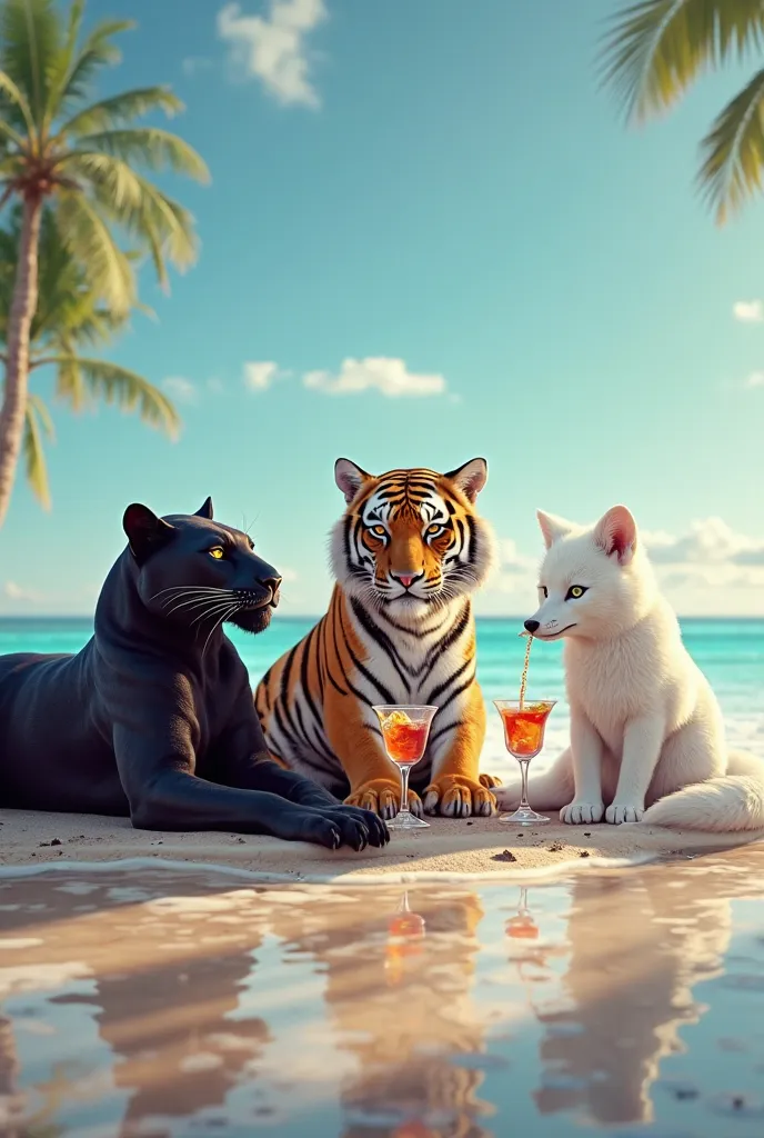  black panther , Tiger and arctic fox drink cocktails on the beach