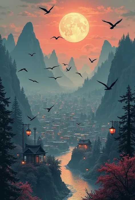 Metropolitan city between mountains and forests with birds and a bright retro vintage moon in black and white with brighter colors