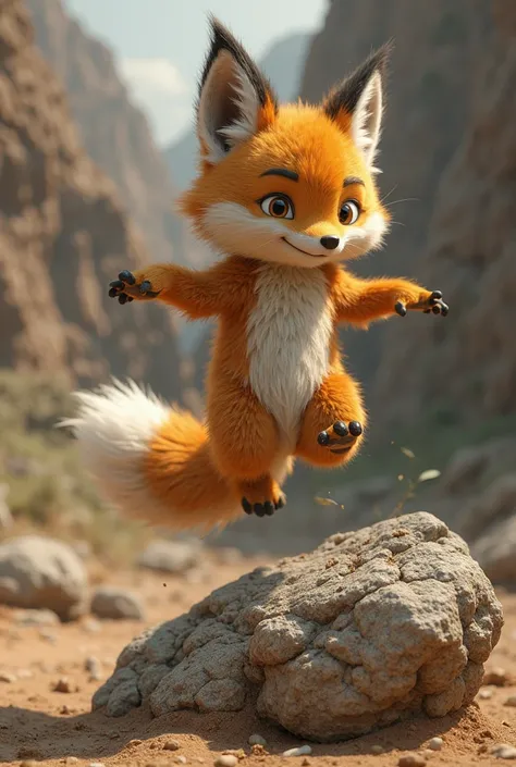 Tails jumps over a rock. 