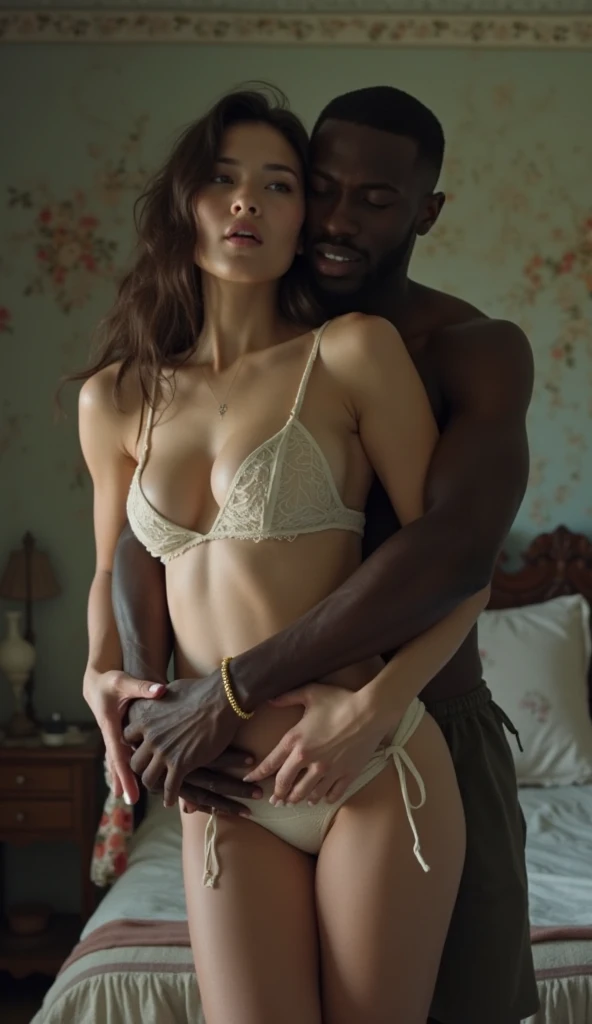 A full body photo of beauty and cute white skin korean girl nude and big breast size, no bra no panties, the girl is carried by big black African man at abandoned bedroom, then girl feels so scared and trying to escape from the big black African man