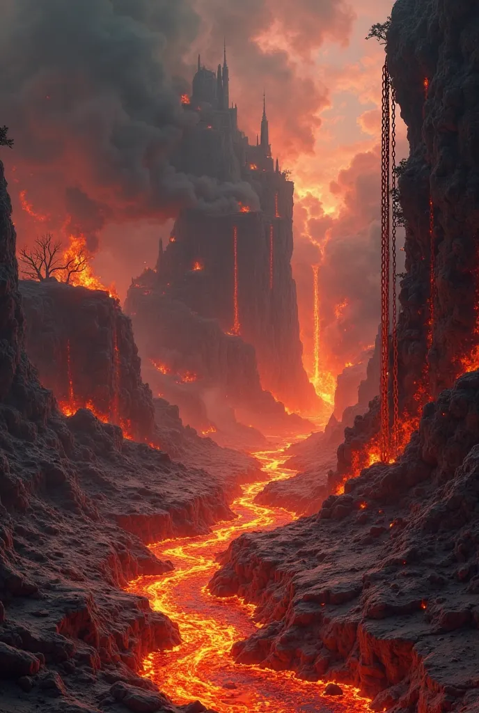 "A vast, fiery hellscape with towering flames, molten lava rivers, and burning pits. The air is thick with black smoke, and tormented souls cry out in agony. The ground is cracked and glowing from the intense heat, and chains hang from the cliffs, glowing ...