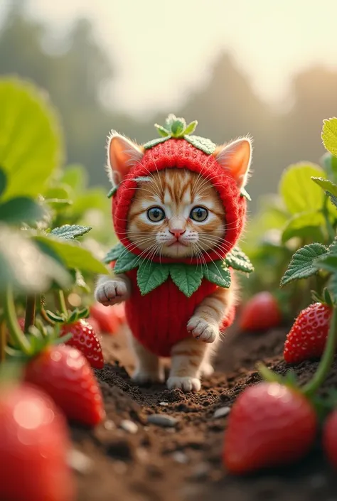 A cute kitten is wearing a strawberry costume、Strawberry field background、Real