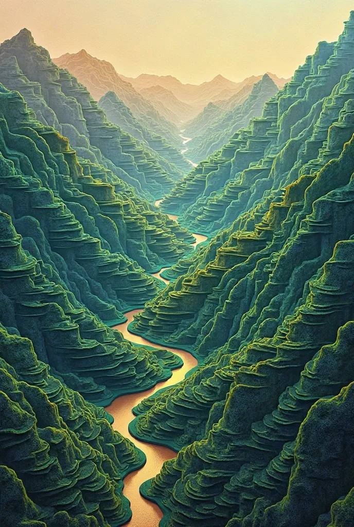 Complex terrain valleys made of contour lines, with different colors for each height, beautiful, three-dimensional, and of the highest image quality.