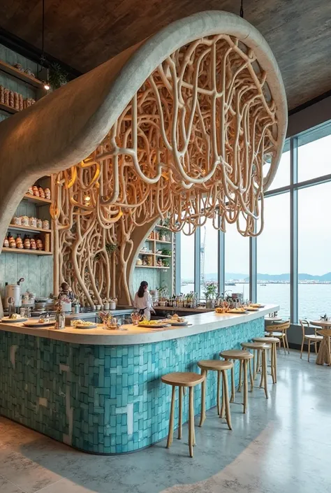 Create a fish restaurant counter inspired by the shape of the sea hourse and use its skeleton in the design 