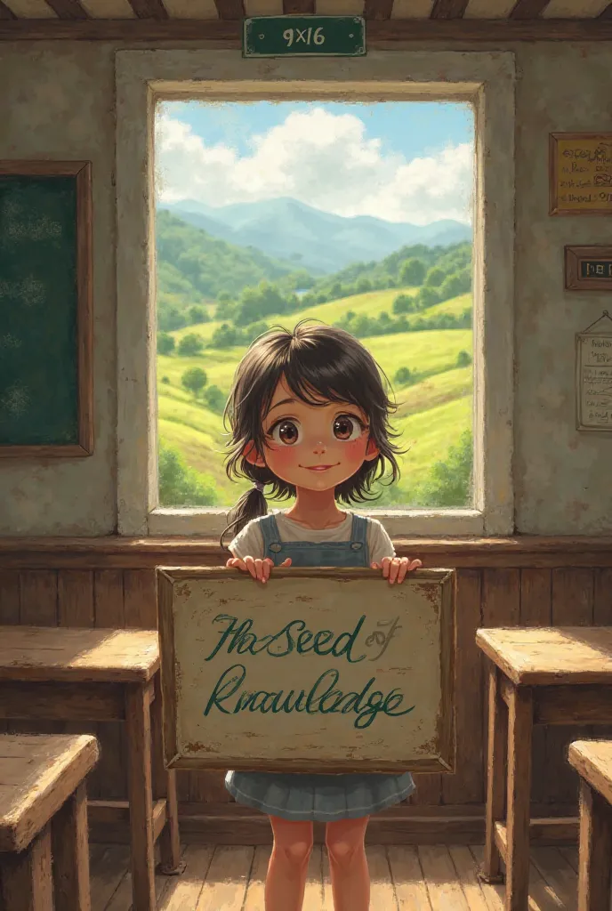 An image of a girl in rural school, and a sign that says THE SEED OF KNOWLEDGE that the measurements are 9×16