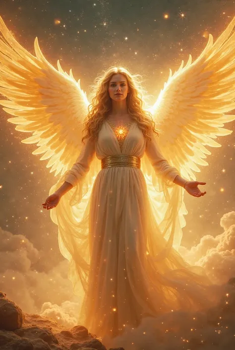  "A majestic seraphim, a heavenly creature with an ethereal and imposing appearance. It has six wings, that shine with intense golden light, as if they were made of divine fire. Her face is beautiful and serene, } with luminous eyes that exude wisdom and i...