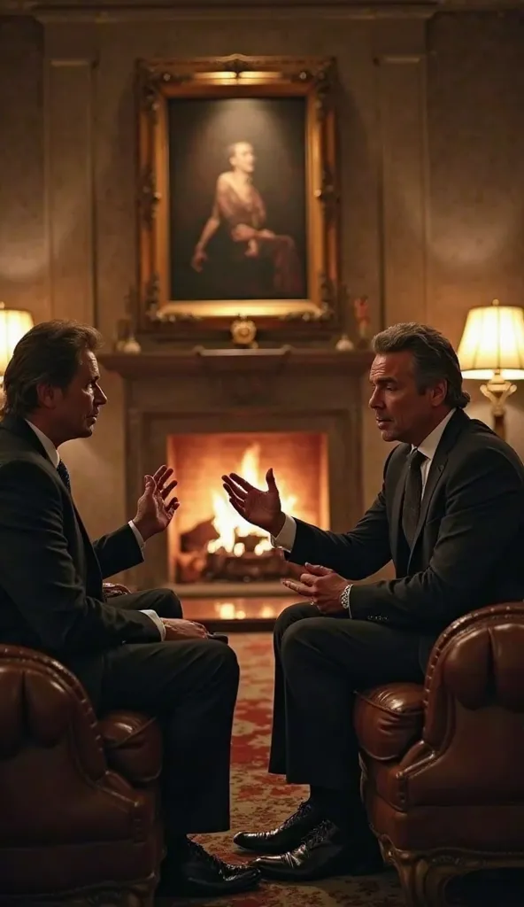 Prompt: "POV, you're in the mansion's living room, watching an intense conversation between Bolsonaro and Lula. The space is elegant, with leather sofas and a large fireplace. Soft lighting accentuates the details of their facial expressions as their hands...