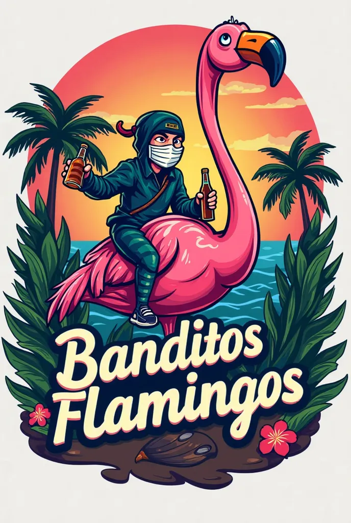 Create a simple soccer club logo with the words Banditos Flamingos on the logo should a bandit be recognizable who steals beer and floats away on a flamingo 