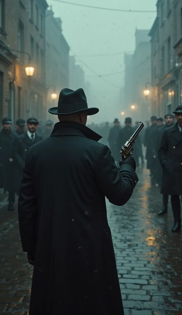 An ultra-realistic point of view (POV) image, showing the first-person perspective of a gangster in 1920s England, standing in the middle of a foggy cobblestone street, facing a rival gang. His gloved hands grip a vintage revolver tightly, ready for the fi...