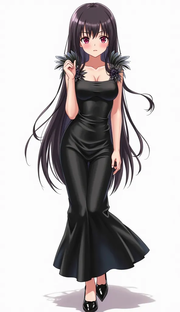 Japanese anime ager with long straight black hair and intense magenta eyes and wears a tight and elegant black dress, of shiny satin leather fabric with thick sleeveless straps.  The dress is long cut , with a fitted design at the waist and a square neckli...