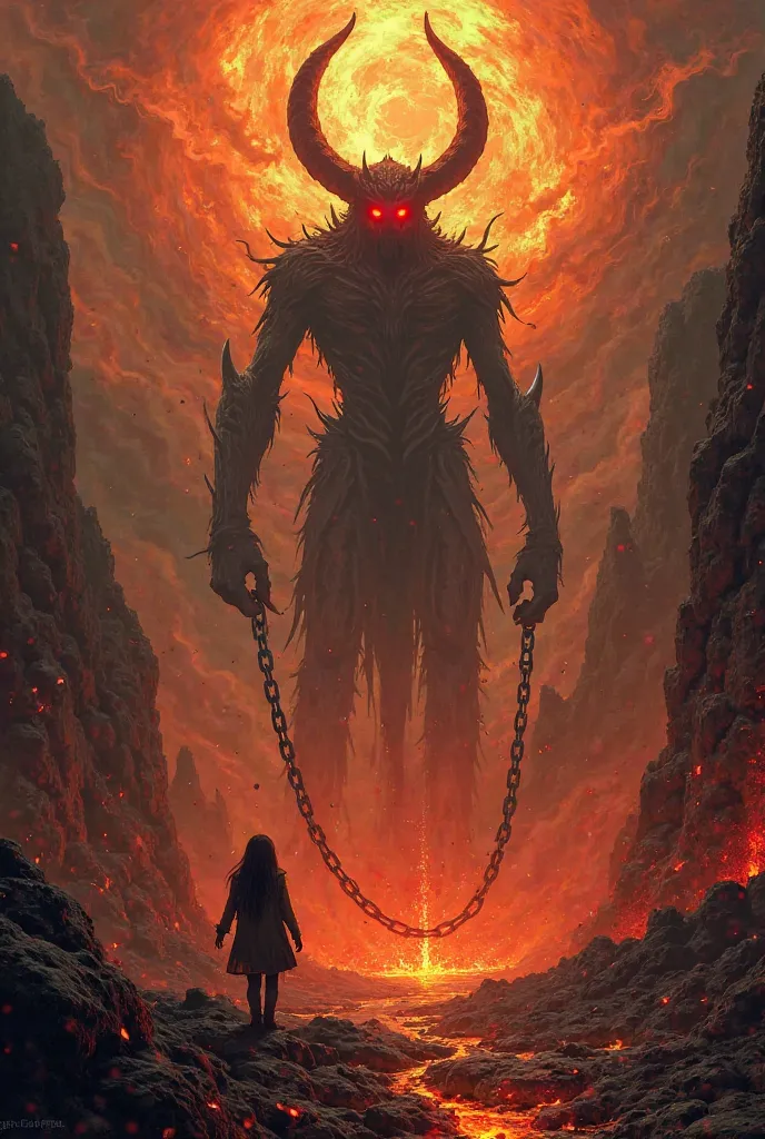 ابدی

"A grim and fiery underworld where massive chains and shackles bind the suffering. Towering demons with glowing red eyes enforce eternal punishment. The sky is filled with swirling fire, and deep pits of lava glow ominously. The cries of the tormente...