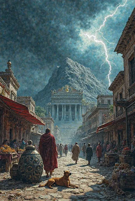 A dark and stormy sky looms over Mount Olympus, with lightning crackling behind the grand marble palace of the gods. In the foreground, a mysterious cloaked figure (Zeus in disguise) walks through a filthy, chaotic marketplace, where merchants, beggars, an...