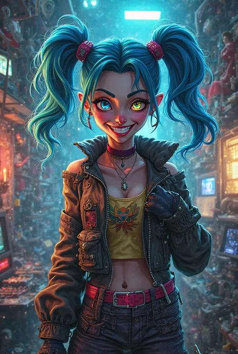 Create an image of Jinx from Arcane in his lair smiling at the camera with a mocking smile 