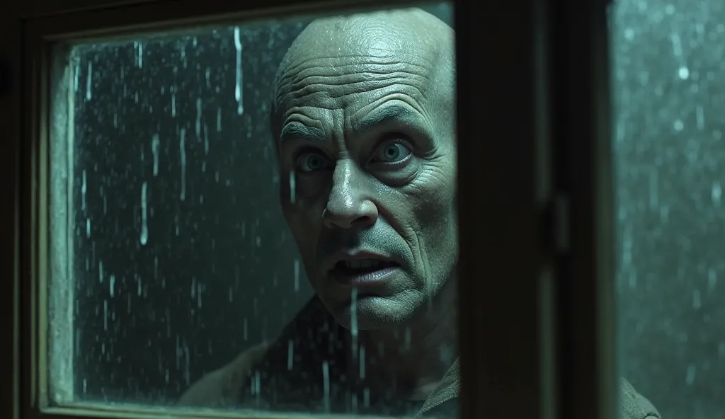 Face at the Basement Window – A pale, rain-soaked man with wide, unblinking eyes pressed against the basement window, staring directly inside. The rain distorts his face slightly, making it even more unsettling