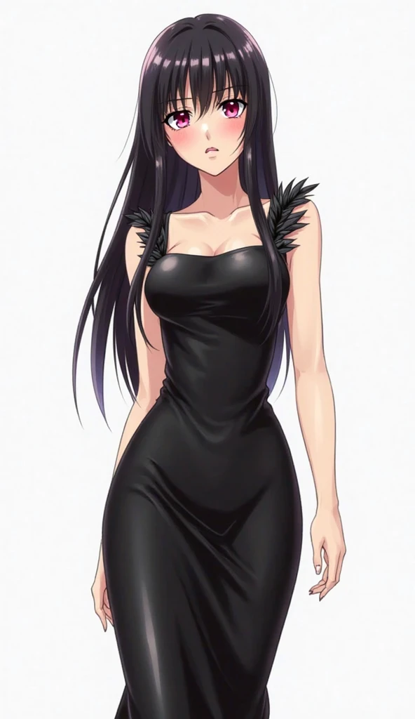 Japanese anime ager with long straight black hair and intense magenta eyes and wears a tight and elegant black dress, of shiny satin leather fabric with thick sleeveless straps.  The dress is long cut , with a fitted design at the waist and a square neckli...