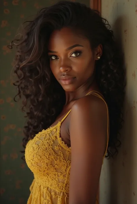 Green-eyed black woman looking 28 years old ,  Shaped body,big boobs, Thick thighs wearing a transparent yellow lace bodice, very sensual, full body 