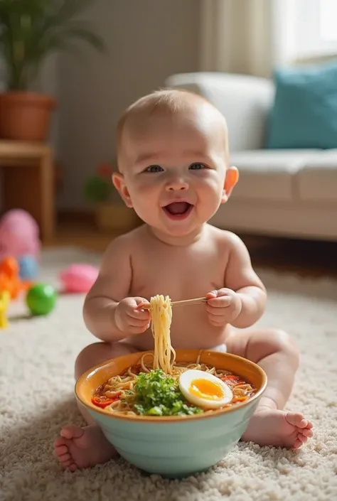 Generate an adorable scene of a baby wearing a diaper, sitting on the floor and happily eating a bowl of ramen. The baby has a cheerful expression, and the colorful bowl of ramen is filled with noodles, vegetables, and a soft-boiled egg. The background is ...