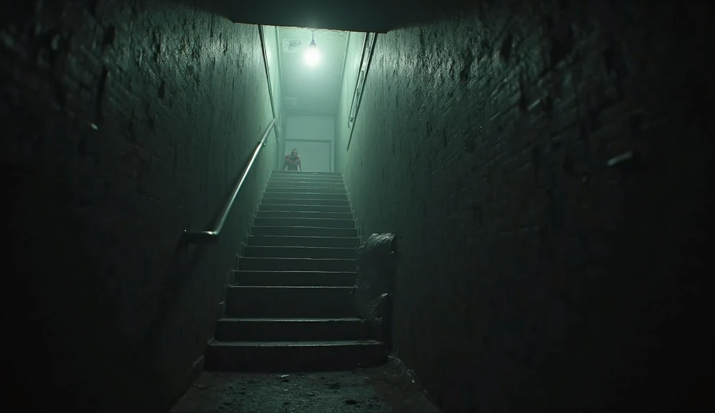 Mysterious Voice Calling the Name – A darkened staircase leading up from the basement, with an eerie, disembodied voice calling, “Alex is in the basement. Go find him.” The atmosphere is heavy with dread.