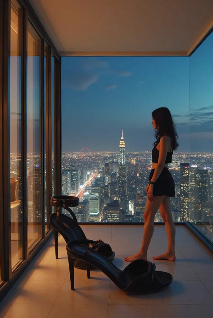 Create an image set on the open balcony of a high-rise skyscraper, which extends beyond the building's outline, offering a breathtaking view of the cityscape at night. The balcony is elegantly furnished with modern outdoor seating and soft, ambient lightin...