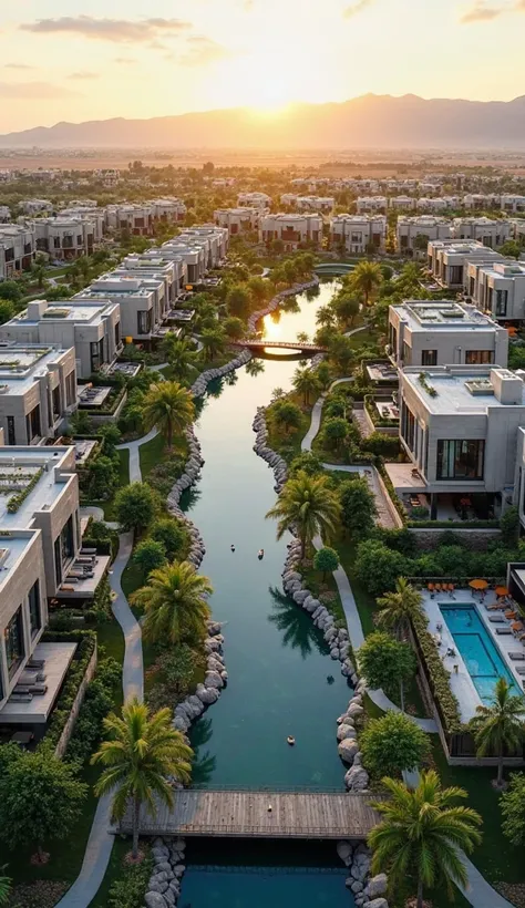 A breathtaking residential compound sprawls before your eyes, where modern villas and apartments blend seamlessly with lush greenery and tranquil water features. The compound is a harmonious oasis, with elegant homes boasting clean lines and expansive wind...