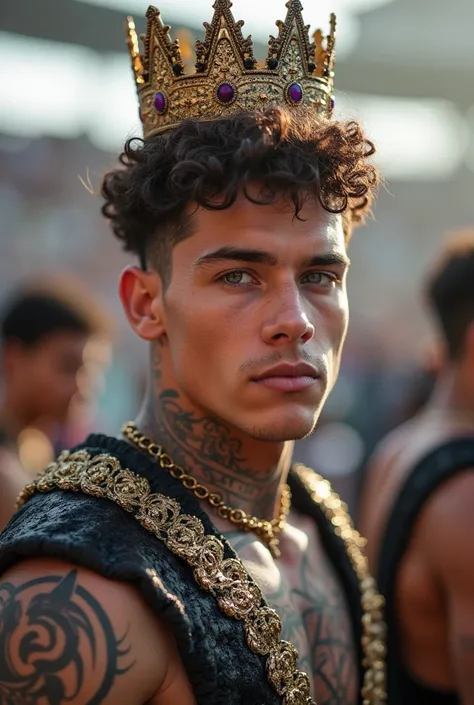 Creates an image Adam Seinn 18 years old silky Italian skin,  chin defined,  blue eyes, thick eyebrows well defined,  Thick Lips, brown hair, Curly defined short, low fade curto, Muscular, with tattoos wearing carnival clothes at the Sambadrome with a crow...