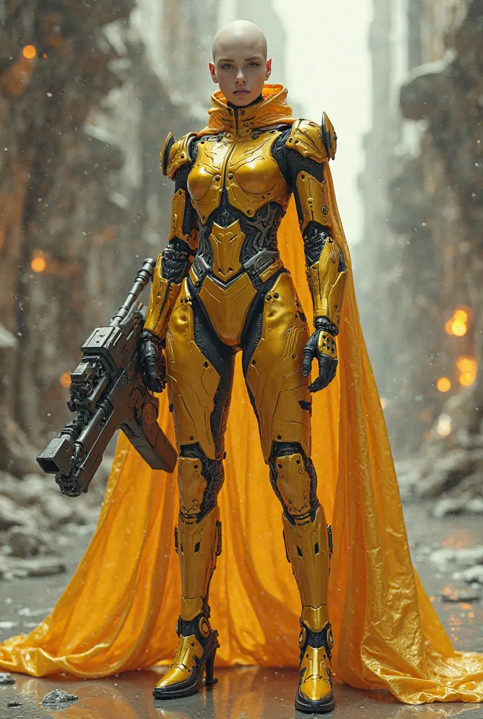 Create a model of Maruim in the woman's imposing feature by a cyborg costume color of the gold costume futuristic setting our heroine wears bald golden hair she wears a gun 