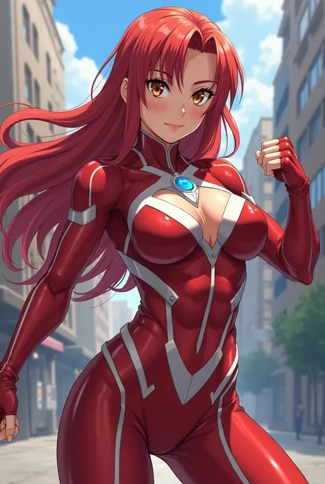 My Hero Academia Style , Anime girl, female, young female,muscular female,Full Body Shot,(fighting Pose:2),Long hair, Red Hair,  Brown Eyes,Hero Suit, Full Body Suit, red suit with white details,small round blue jewel in the center of the chest, perfect an...