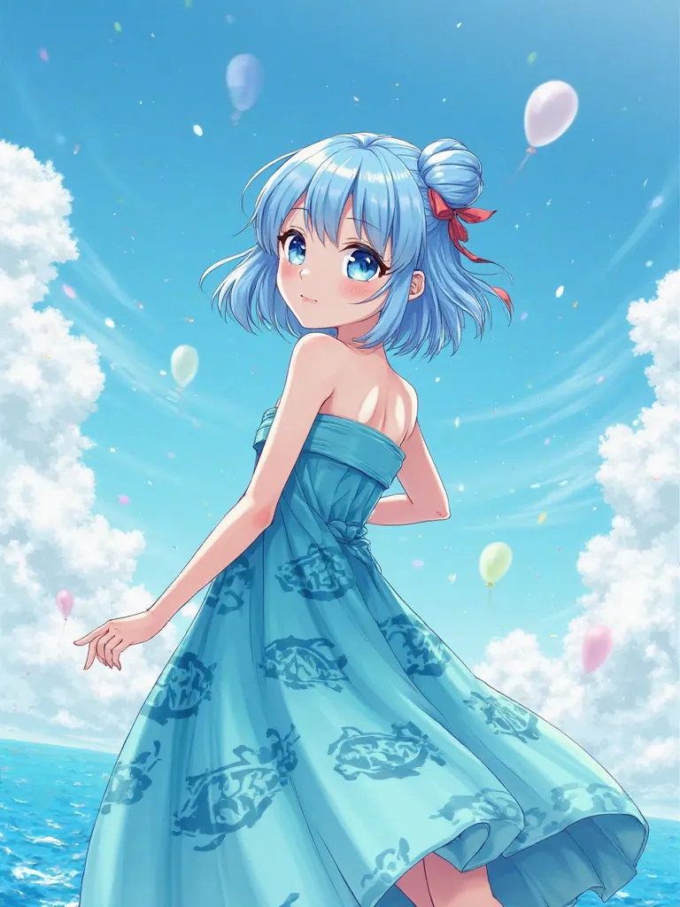 anime shocked singer girl sky blue hair with short bangs framing her forehead and big bun on the back of her head blue eyes strapless long aquamarine fish themed strapless dress belly and breasts inflated like balloons floating through the sky